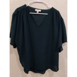 Halston Women Flutter Sleeve Blouse Top Shirt Dark Green Size XL Lined